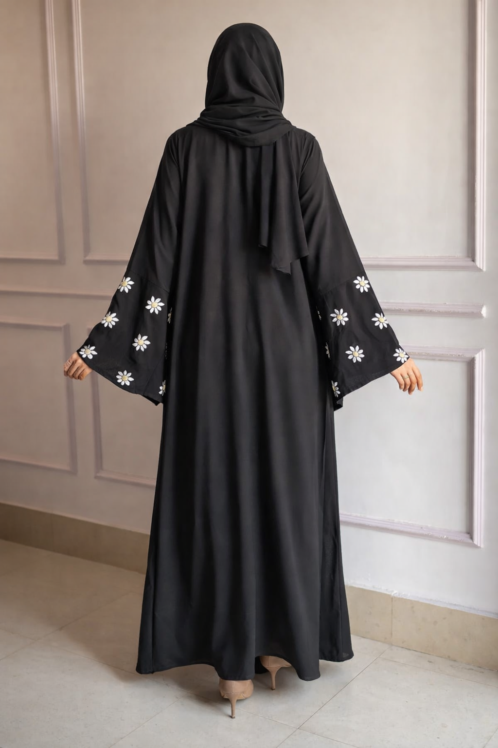 Floral Embroidered Sleeves Peach Georgette Abaya