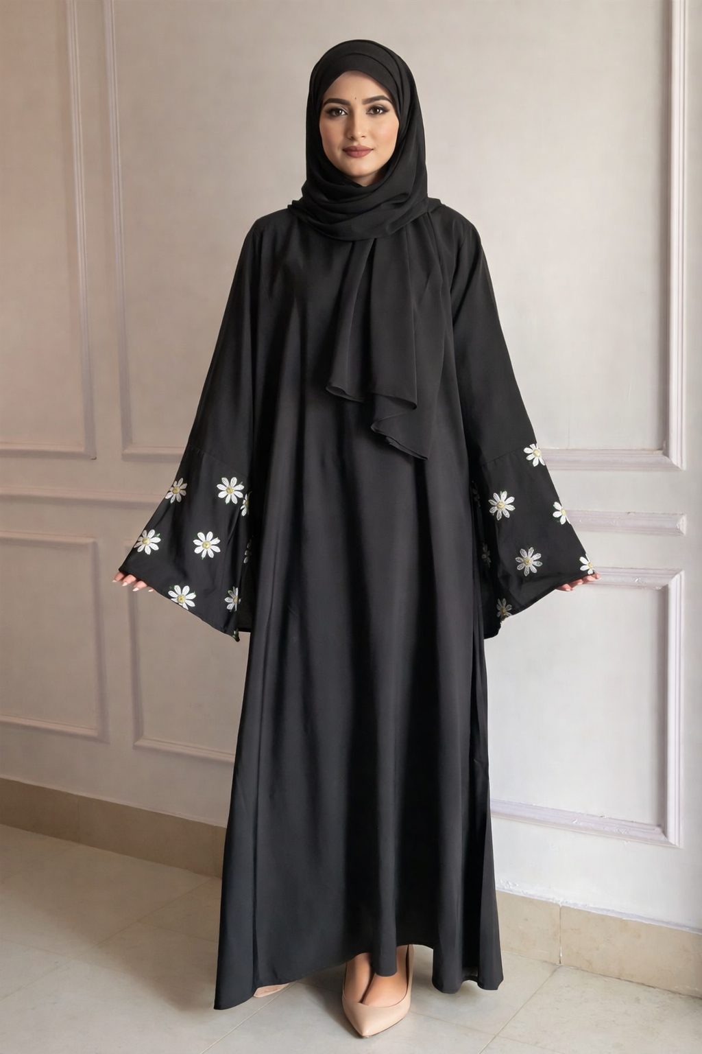 Floral Embroidered Sleeves Peach Georgette Abaya