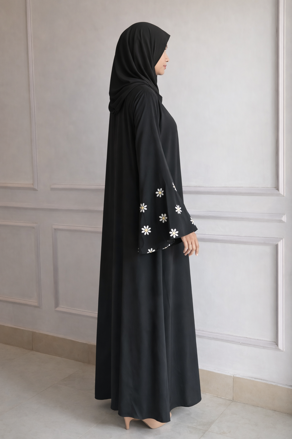 Floral Embroidered Sleeves Peach Georgette Abaya
