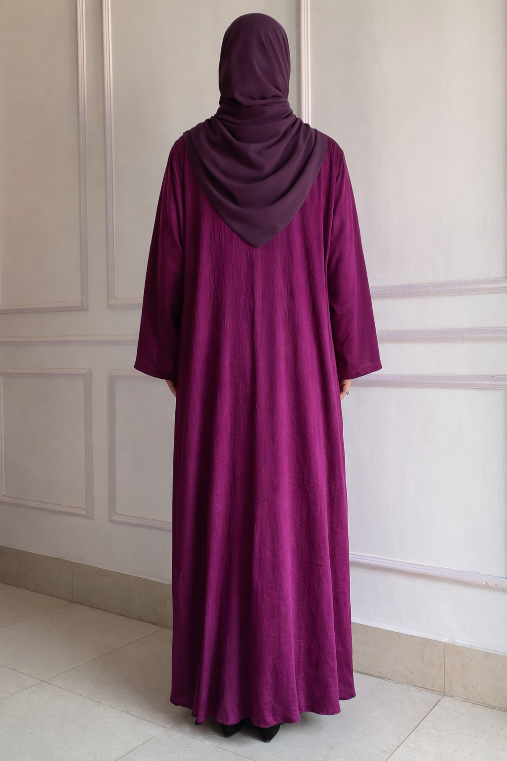 Front Open Zoom Silk Abaya Elegant & Graceful Modest Wear (Purple)