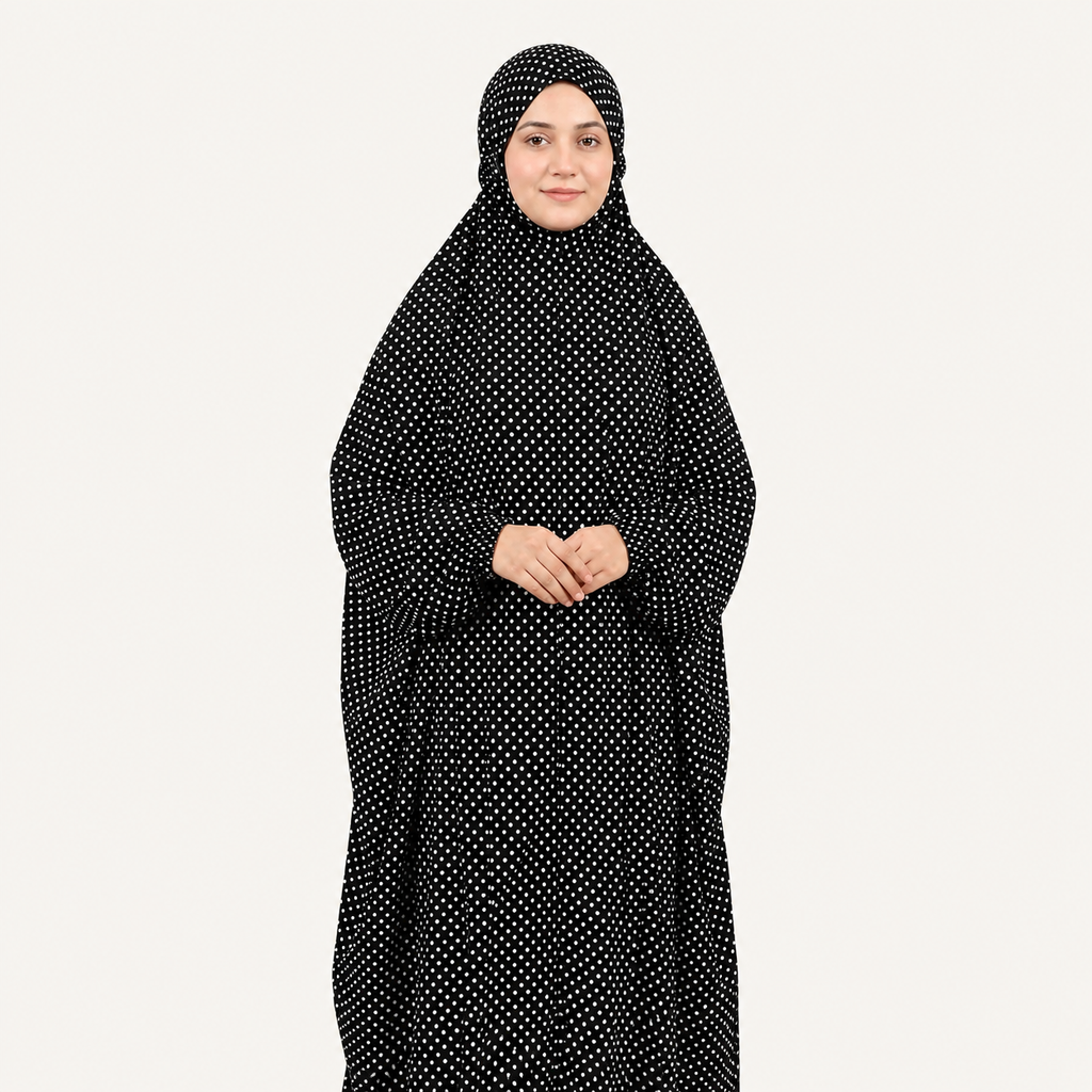 Namaz Chadar Full Length with Sleeves - Black (Dotted)
