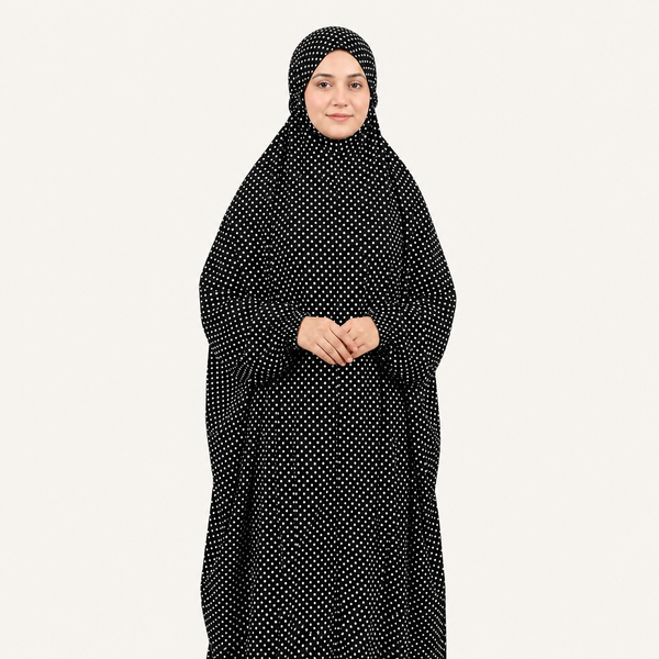 Namaz Chadar Full Length with Sleeves - Black (Dotted)
