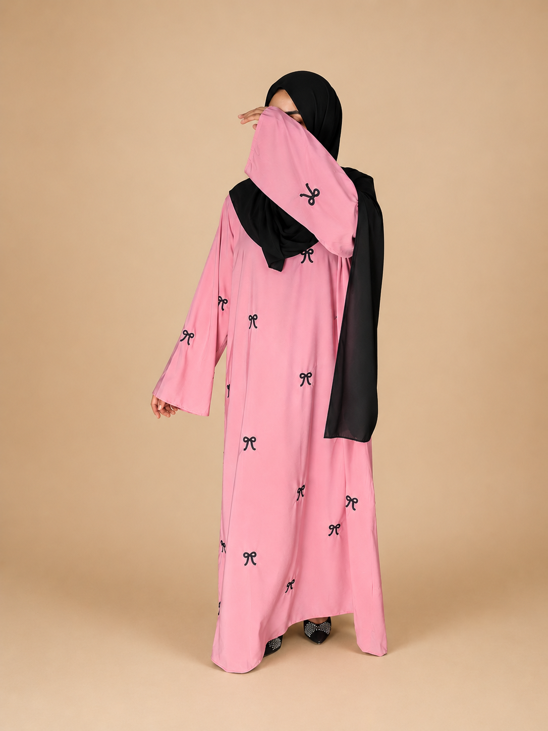 Embroidered Maxi Bow Abaya (Pink)