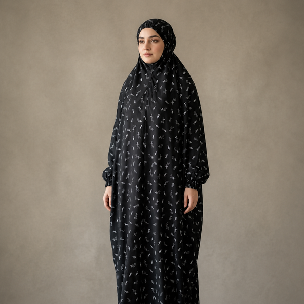 Namaz Chadar Full Length with Sleeves - Black Botanical