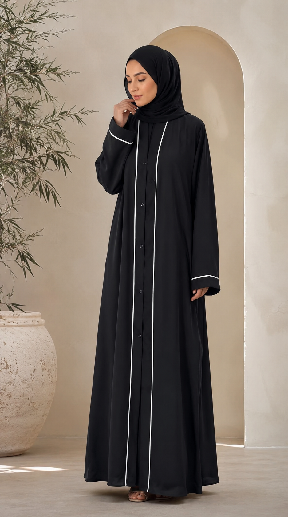 Front Open White Piping with Pintex Abaya