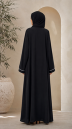 Front Open White Piping with Pintex Abaya