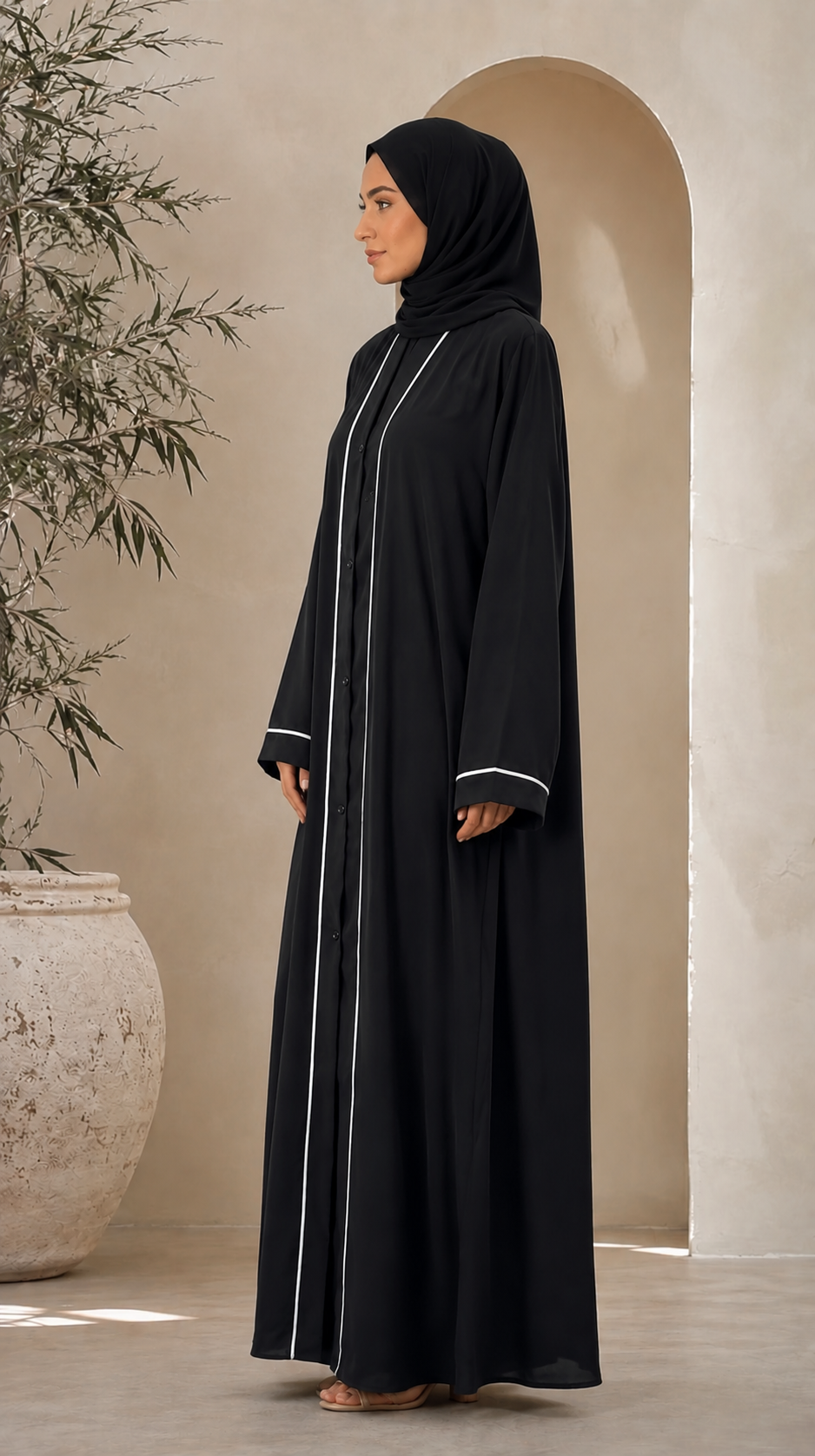 Front Open White Piping with Pintex Abaya