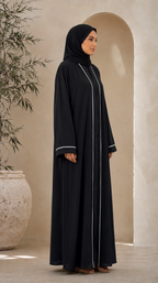 Front Open White Piping with Pintex Abaya