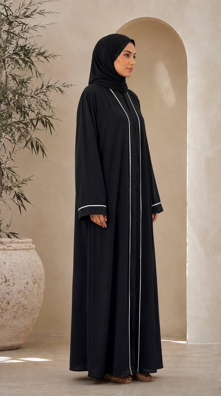 Front Open White Piping with Pintex Abaya