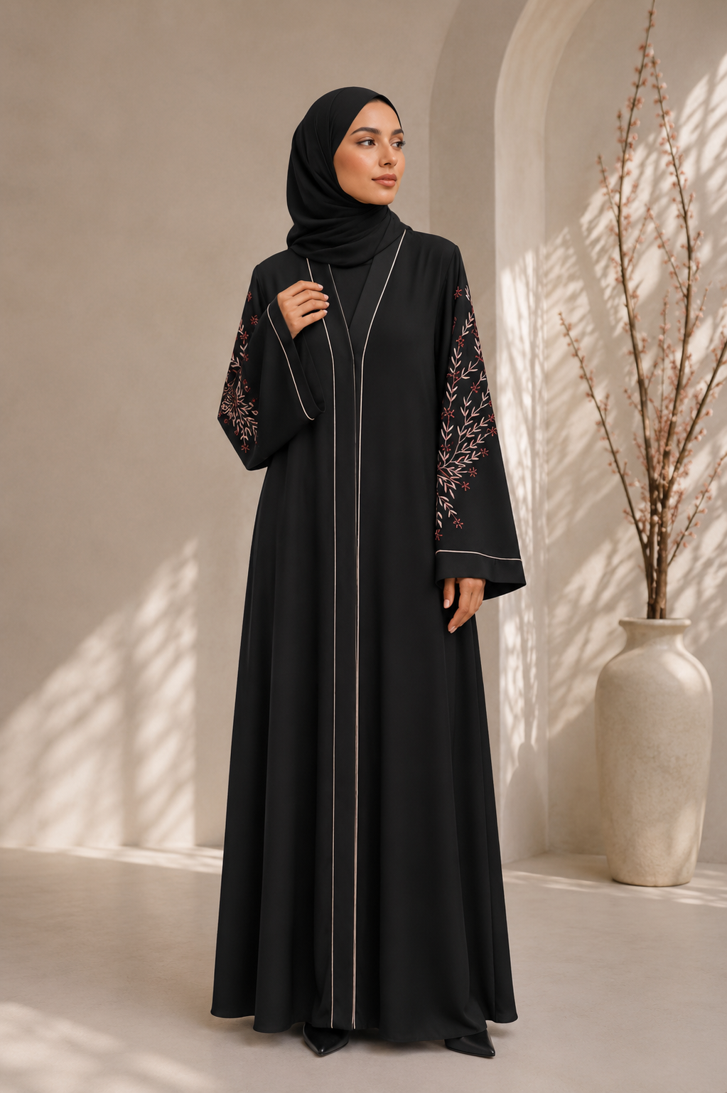 Black Front Open Abaya with Embroidered Sleeves