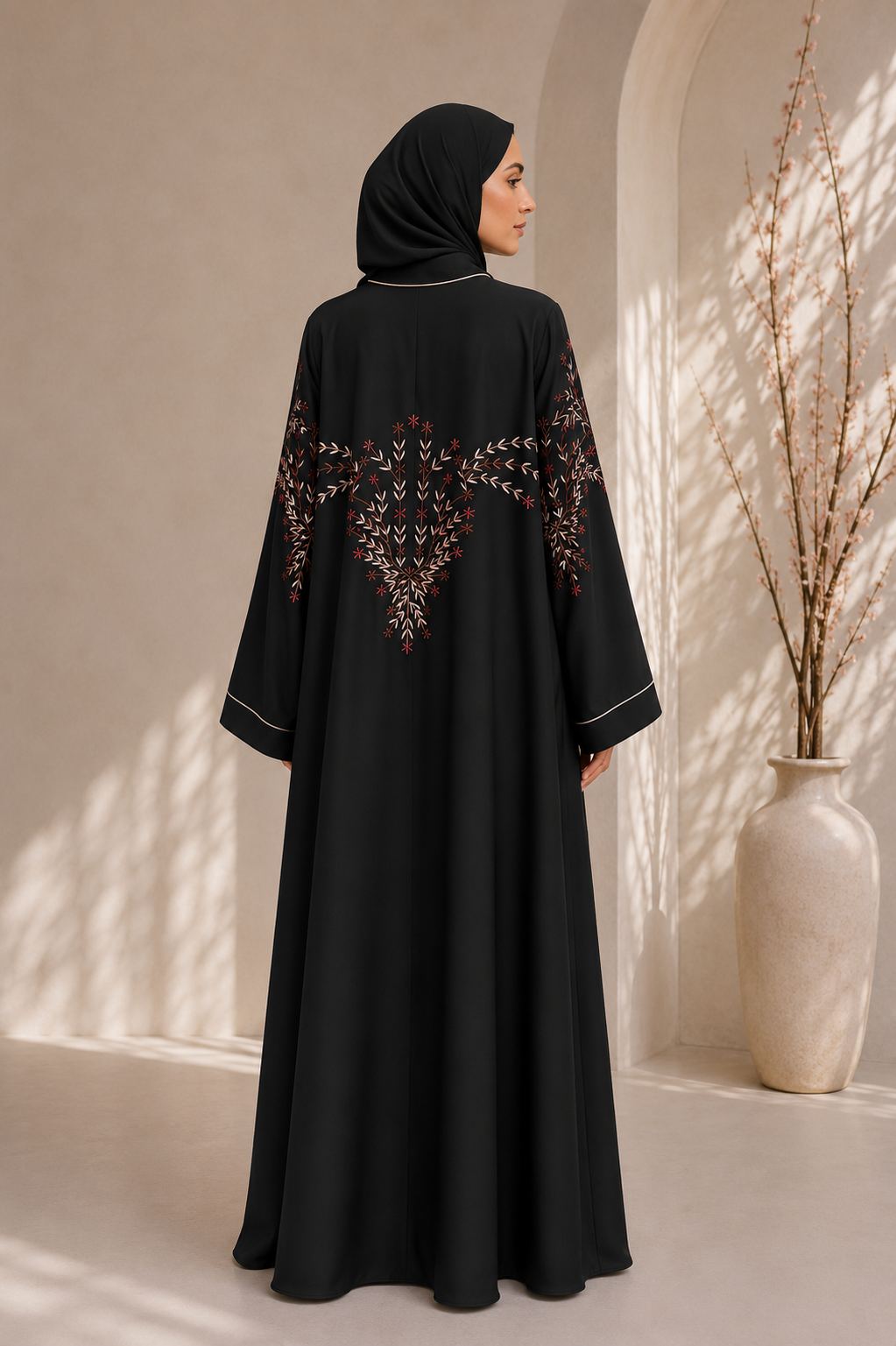 Black Front Open Abaya with Embroidered Sleeves