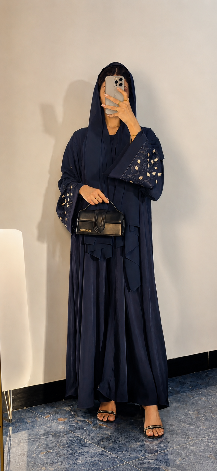 Navy Blue Floral Sleeve Embroidered Abaya