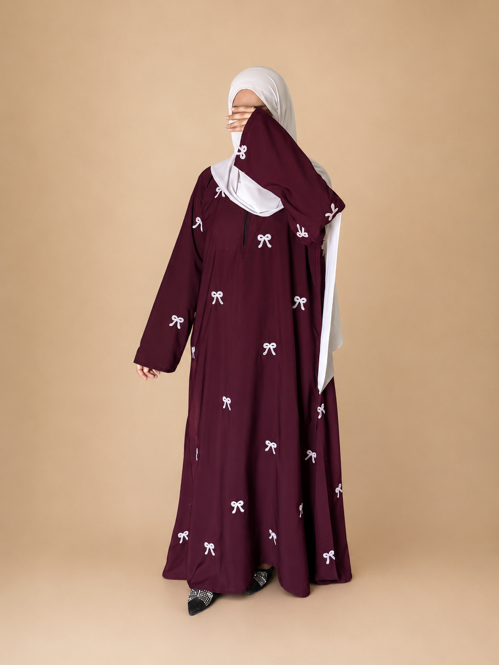 Embroidered Maxi Bow Abaya (Maroon)
