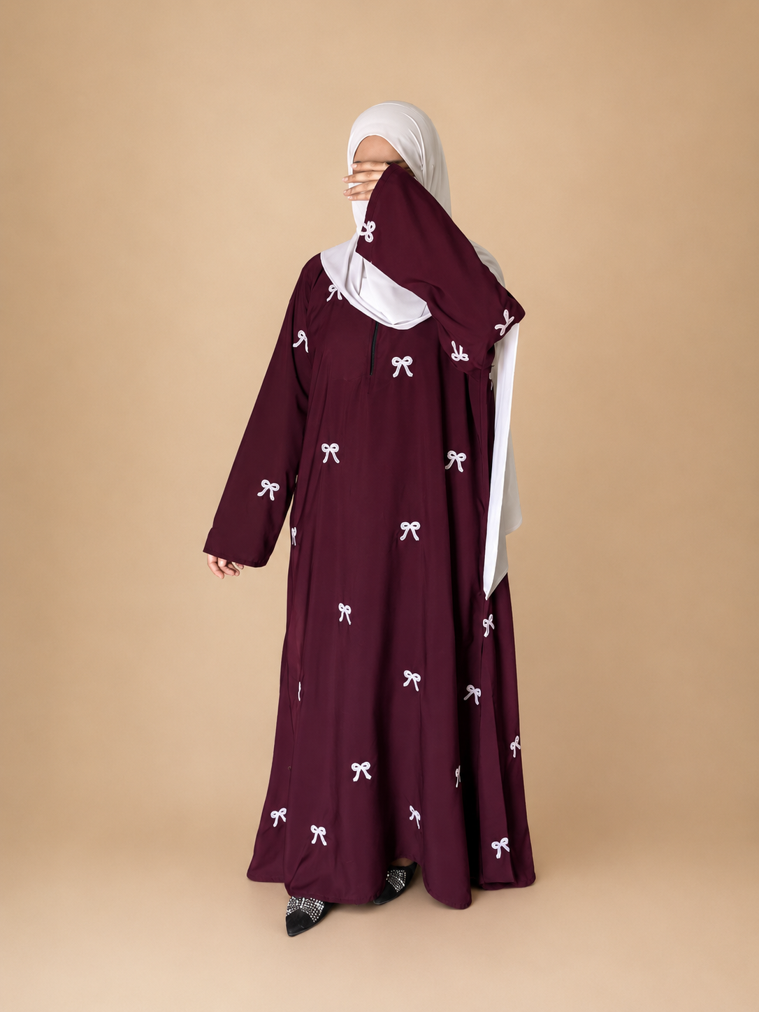 Embroidered Maxi Bow Abaya (Maroon)