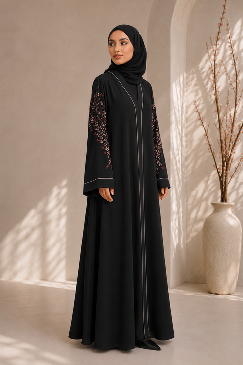 Black Front Open Abaya with Embroidered Sleeves