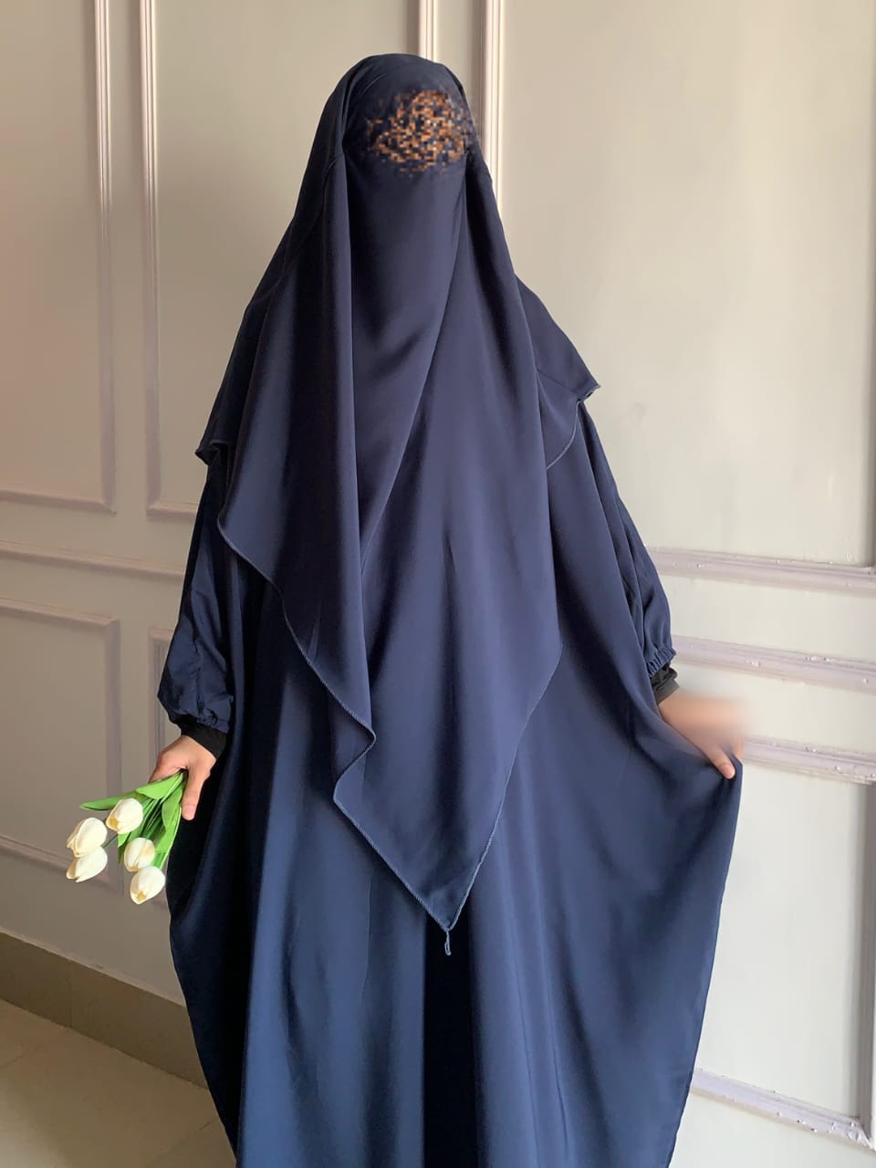 Elegant Khimar Abaya Peach Georgette Fabric (Navy blue)