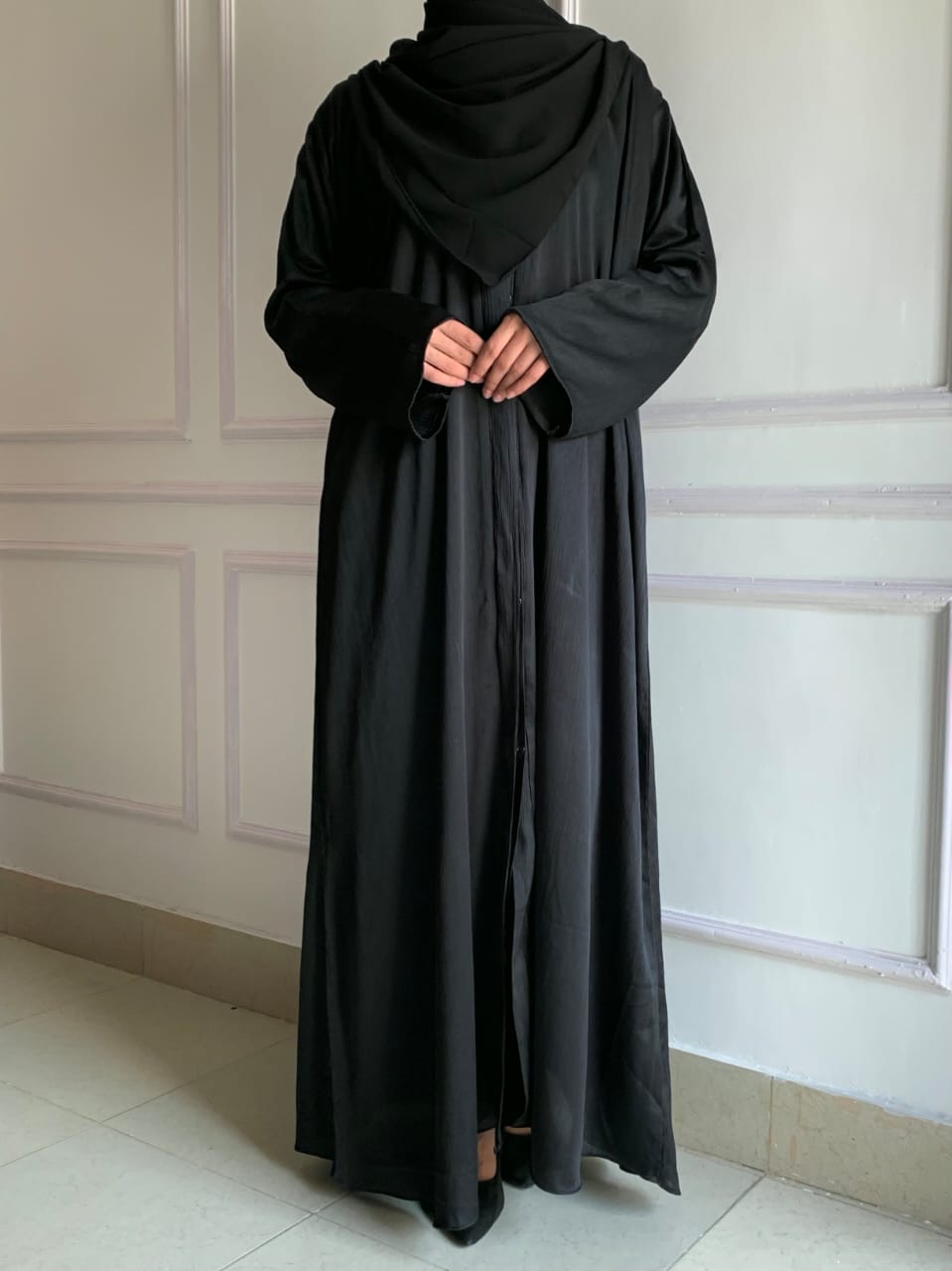 Front Open Zoom Silk Abaya Elegant & Graceful Modest Wear (Black)