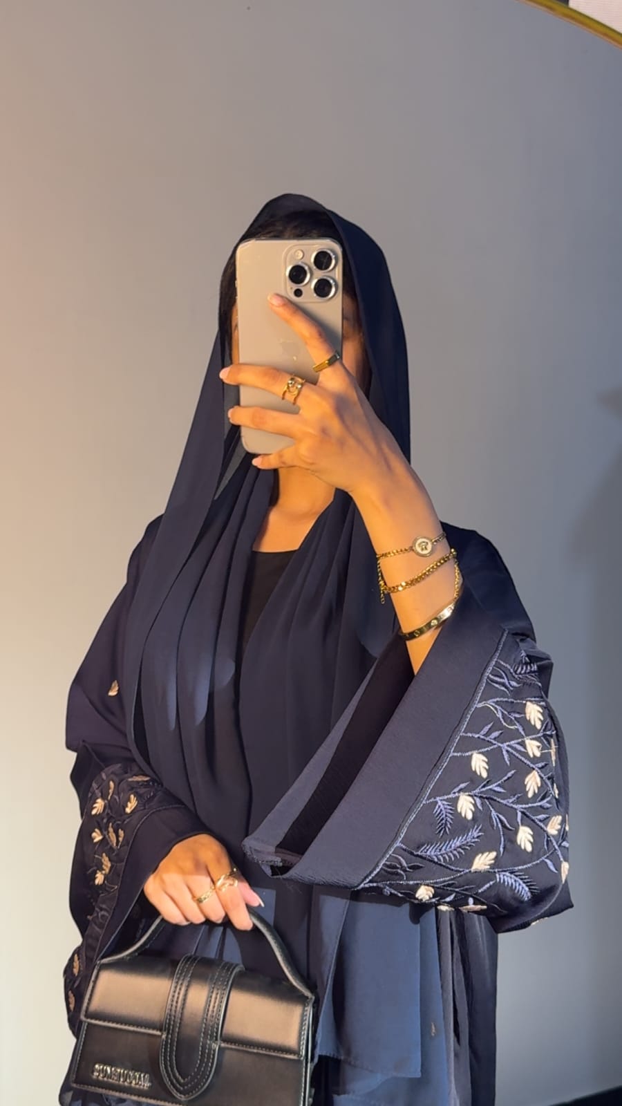 Navy Blue Floral Sleeve Embroidered Abaya