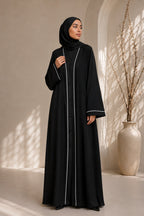 Front Open White Piping with Pintex Abaya