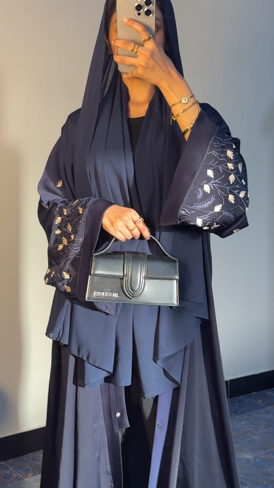 Navy Blue Floral Sleeve Embroidered Abaya