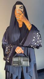 Navy Blue Floral Sleeve Embroidered Abaya