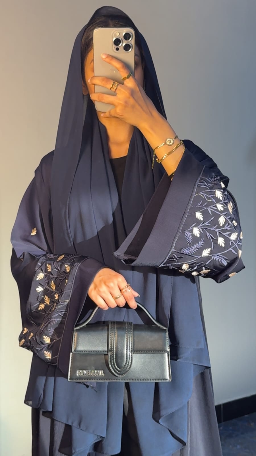 Navy Blue Floral Sleeve Embroidered Abaya