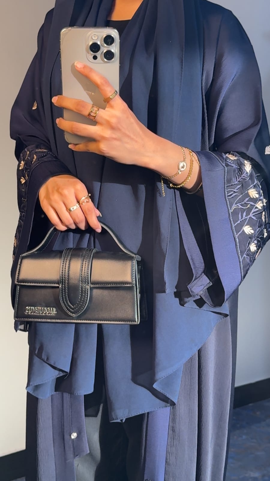 Navy Blue Floral Sleeve Embroidered Abaya