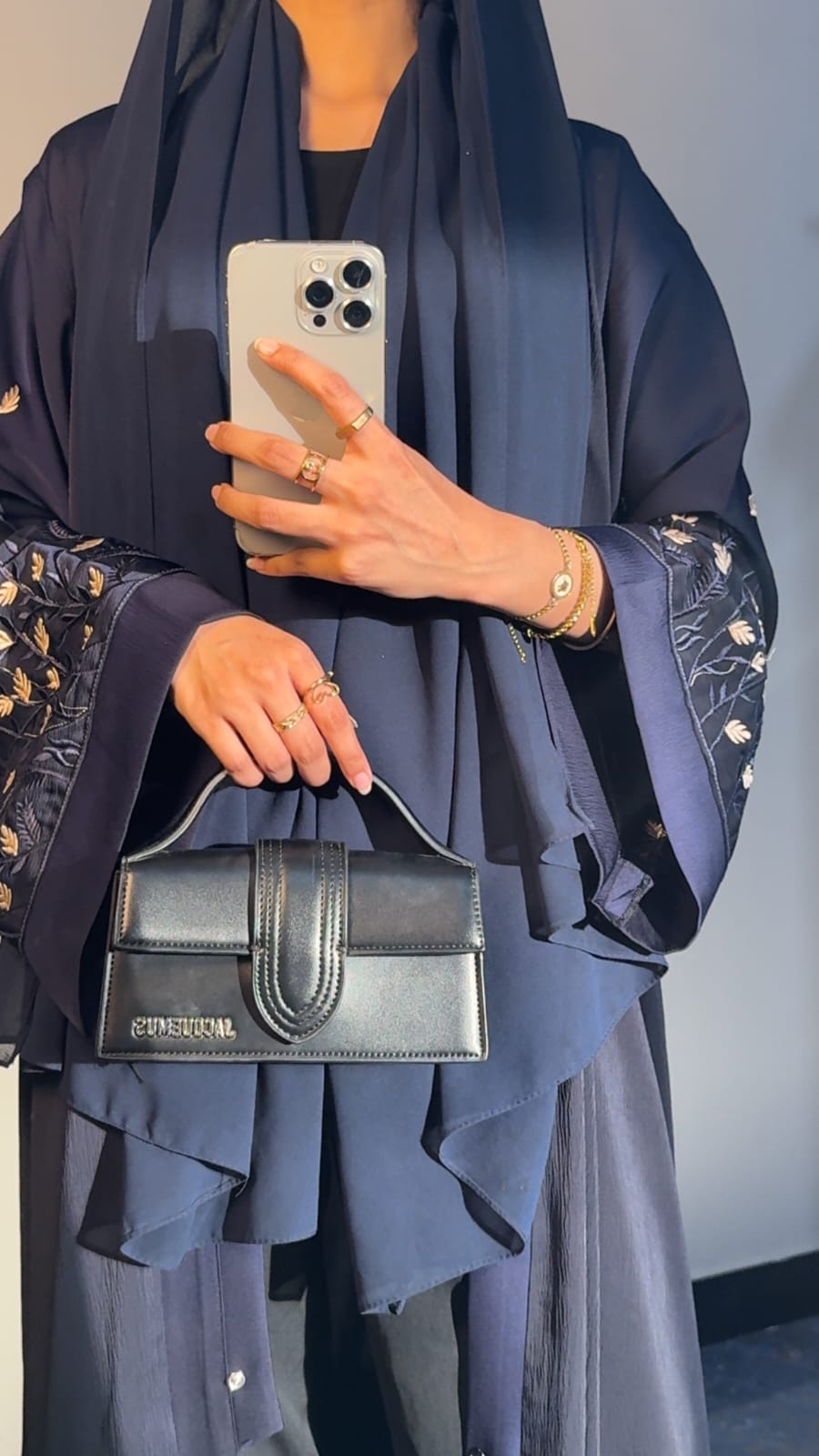 Navy Blue Floral Sleeve Embroidered Abaya